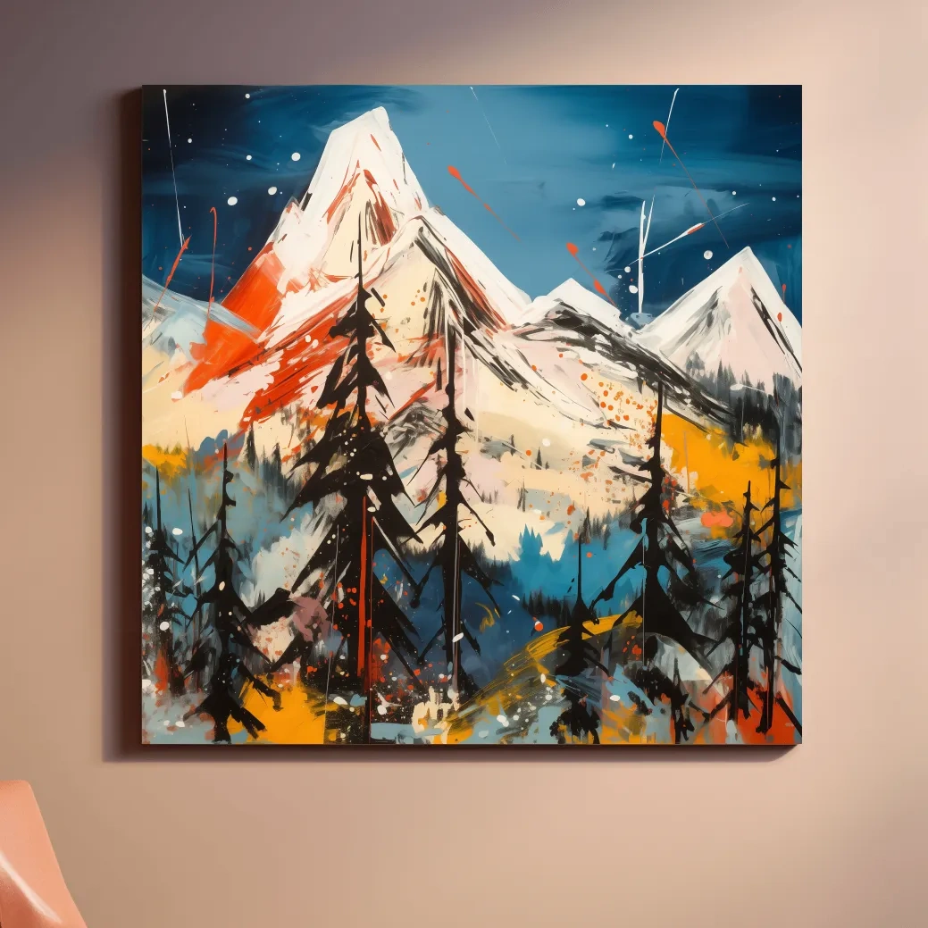 Mountain sunset artwork, vivid abstract colors with splattered paint effect