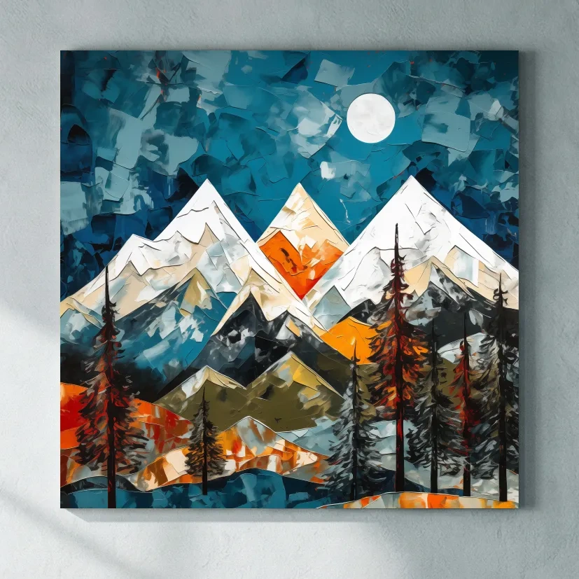 Abstract Impasto Style Mountain Nightscape - Moonlit Alpine Landscape Wall Art