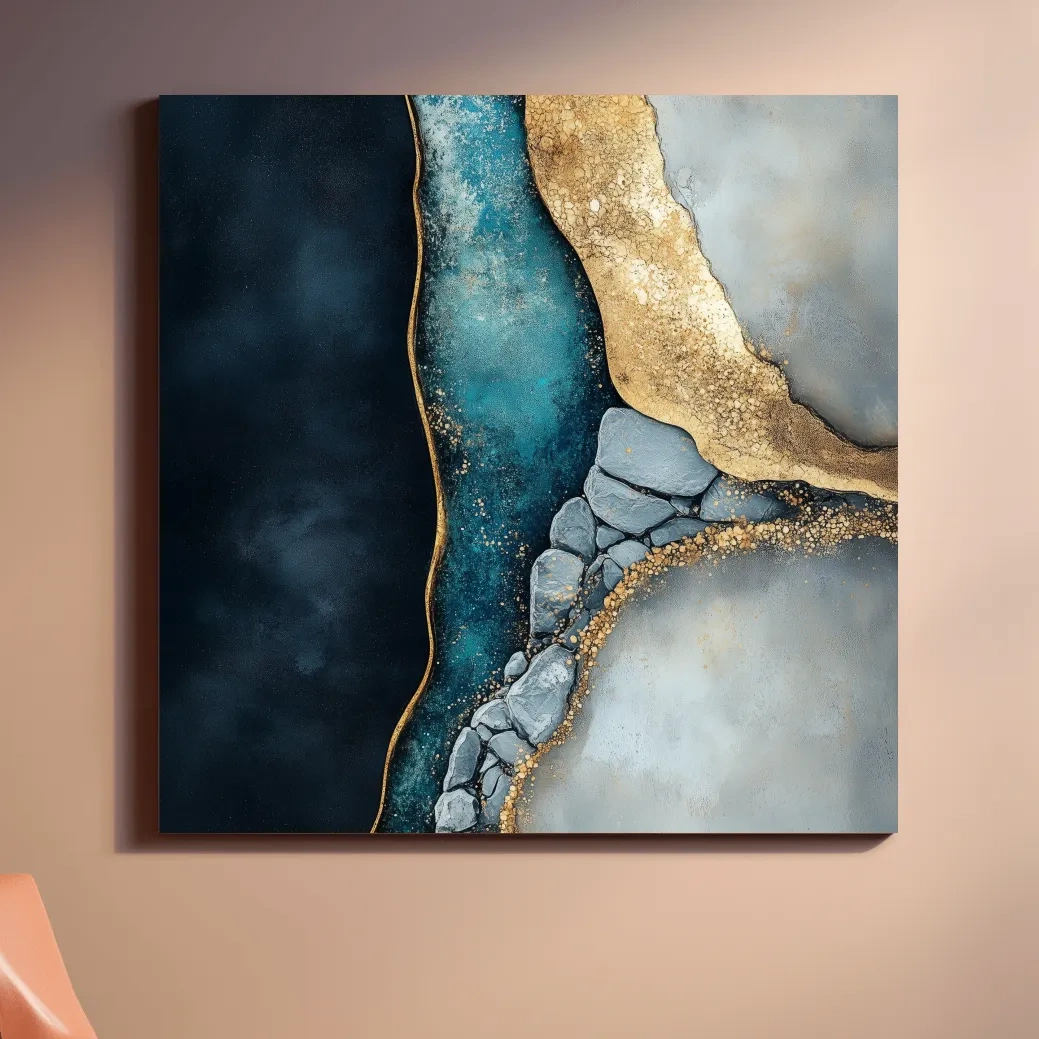 Elegant abstract riverbed rock artwork, natural flowing modern wall art