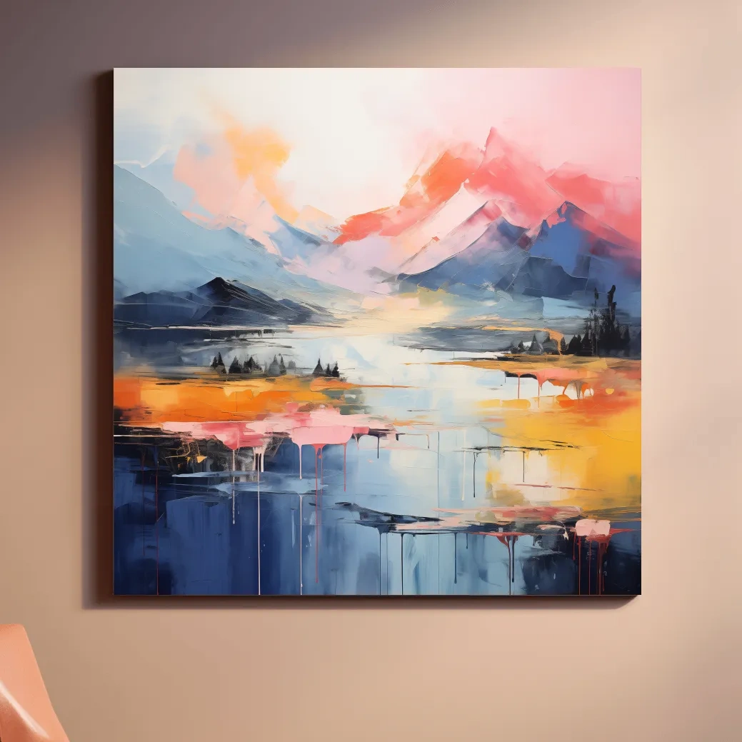 Vibrant Abstract Mountain Lake Sunset Painting - Colorful Modern Landscape Wall Art
