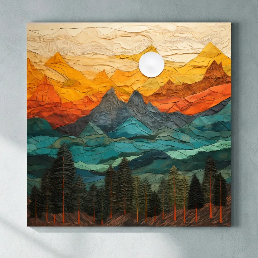 Layered Paper Cut Style Mountain Sunset - Colorful Abstract Forest Landscape Wall Art