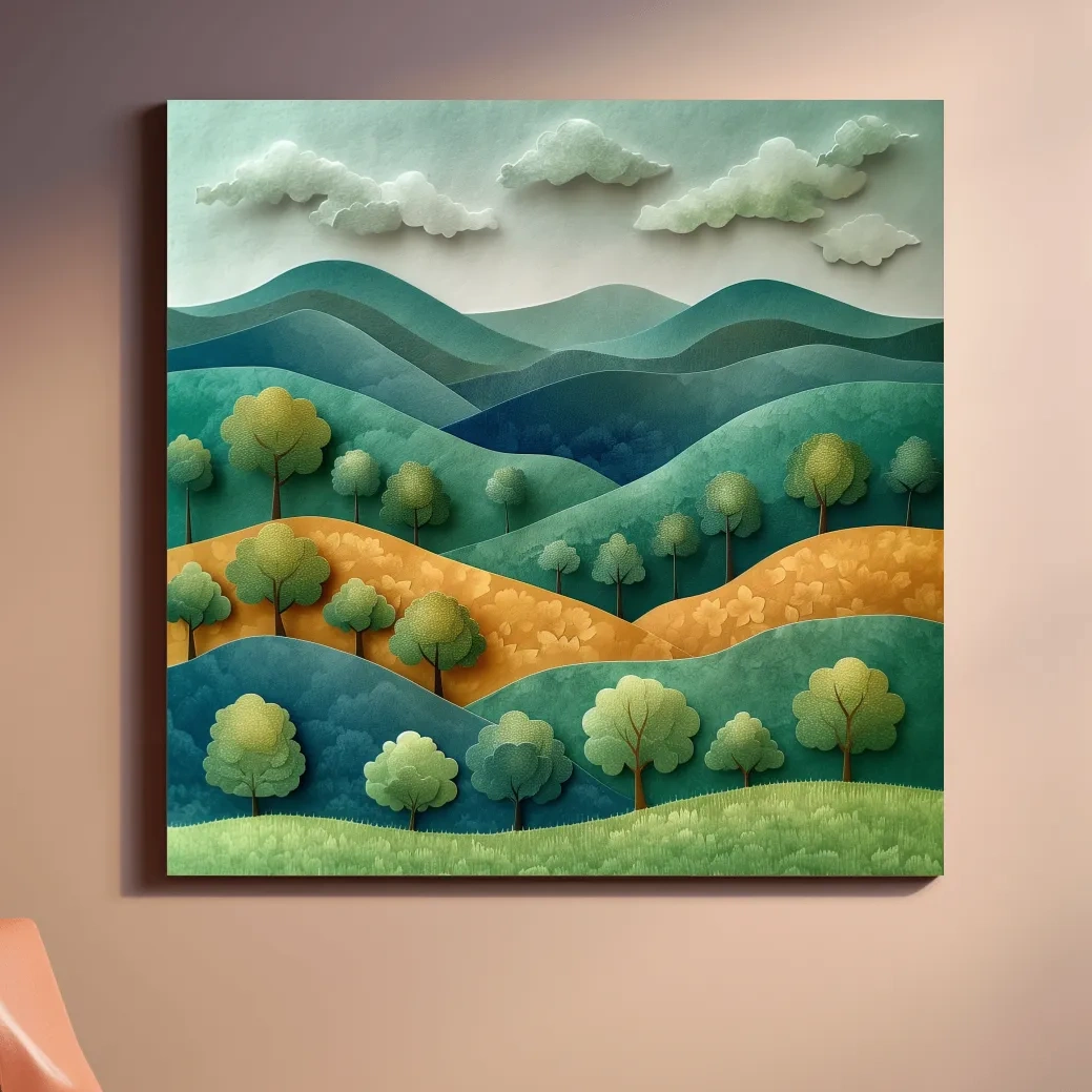 Rolling hills and trees 3d artwork, layered paper quilling effect