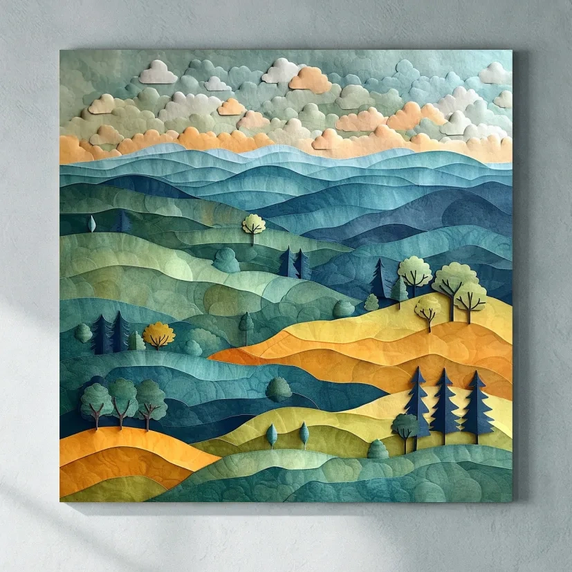 Layered Paper Cut Mountain Landscape - Mixed Media Forest Wall Art
