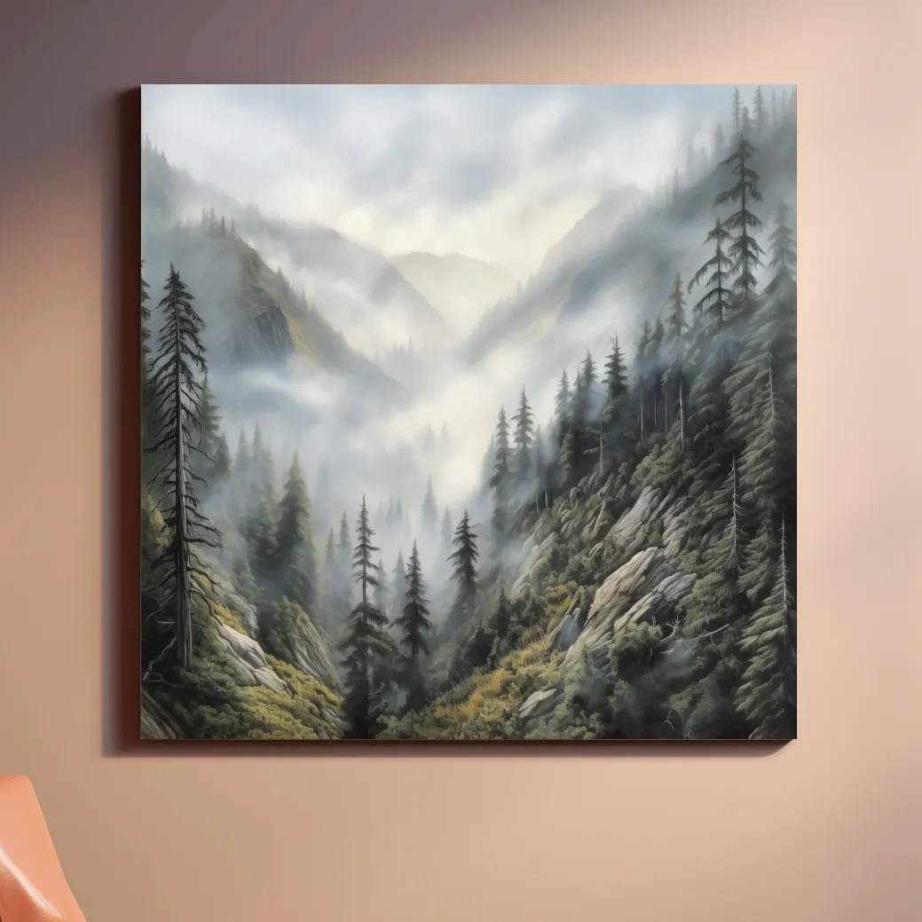 Misty Mountain Valley Pine Forest Painting - Foggy Alpine Landscape Wall Art