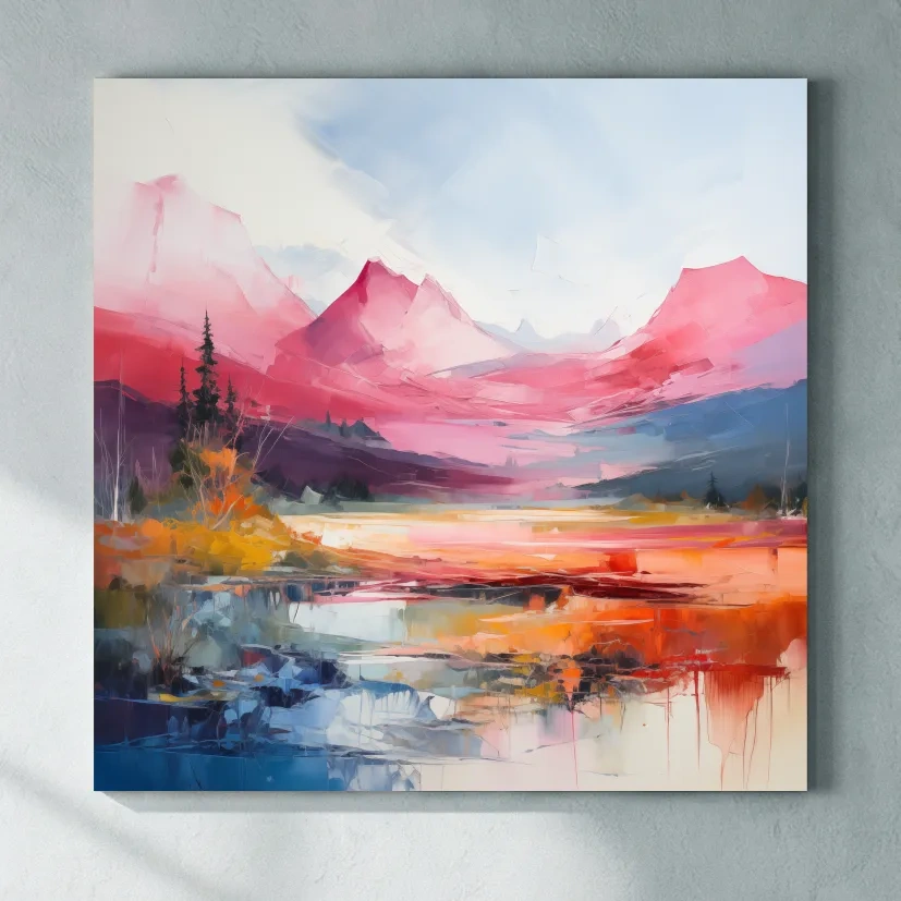 Vibrant Abstract Impressionist Alpine Lake Sunset Painting - Colorful Mountain Wall Art