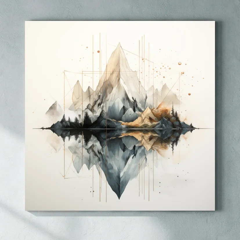 Geometric Watercolor Mountain Reflection Landscape - Modern Minimalist Wall Art