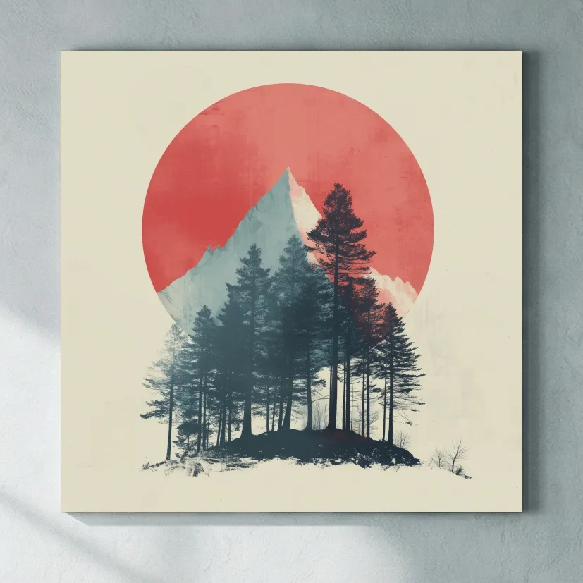 Minimalist Mountain Peak Pine Forest - Scandinavian Sunset Landscape Wall Art