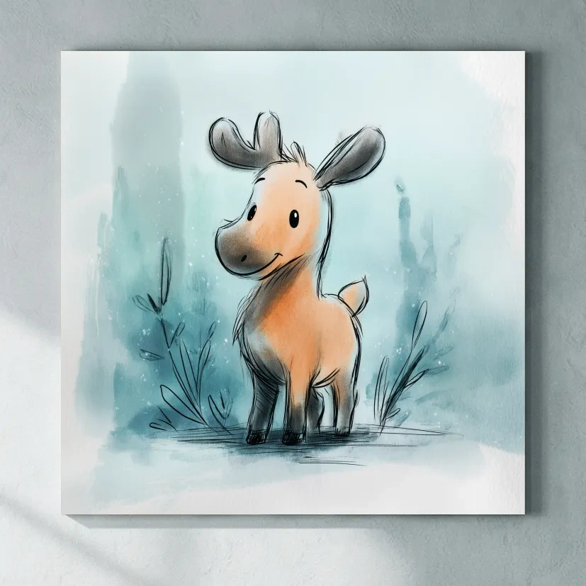 Cute Baby Moose Watercolor Illustration - Whimsical Nursery Wildlife Wall Art