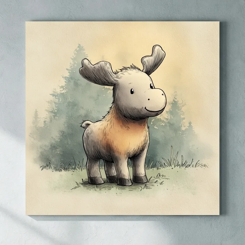 Cute Baby Moose Watercolor Illustration - Woodland Nursery Animal Wall Art
