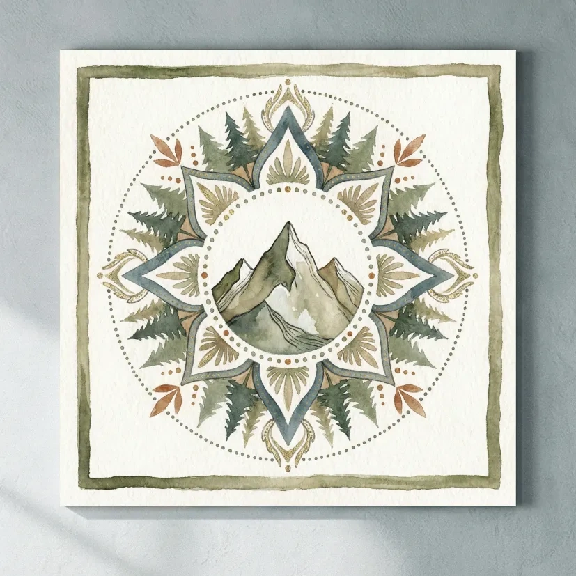 Mountain Mandala Watercolor - Boho Botanical Nature Wall Art