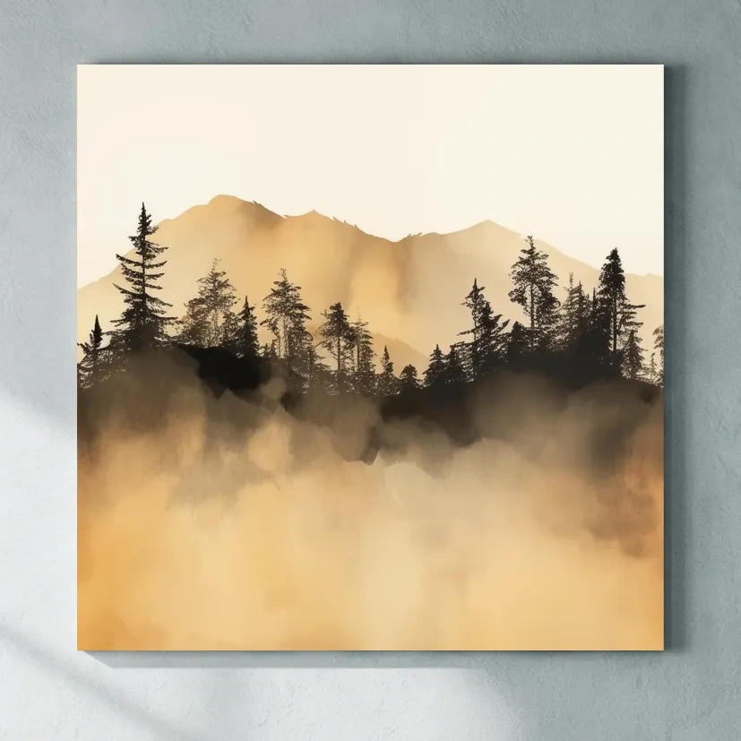 Misty Golden Mountain Pine Forest - Sepia Watercolor Landscape Wall Art