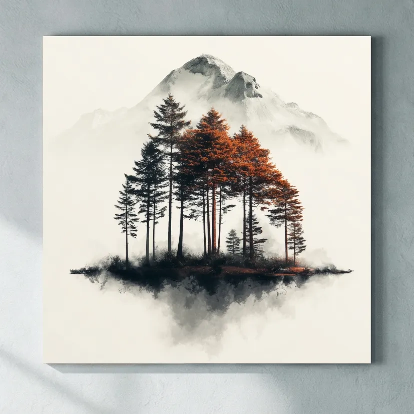 Misty Mountain Pine Forest Watercolor - Autumn Landscape Wall Art