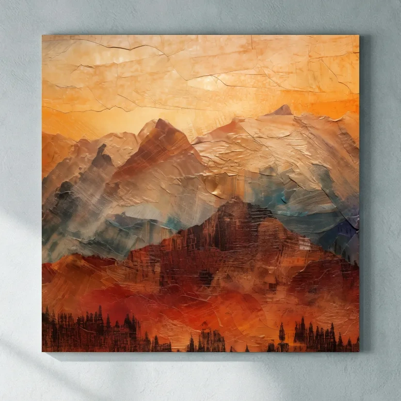Impasto Style Abstract Mountain Range Sunset - Warm Rustic Landscape Wall Art