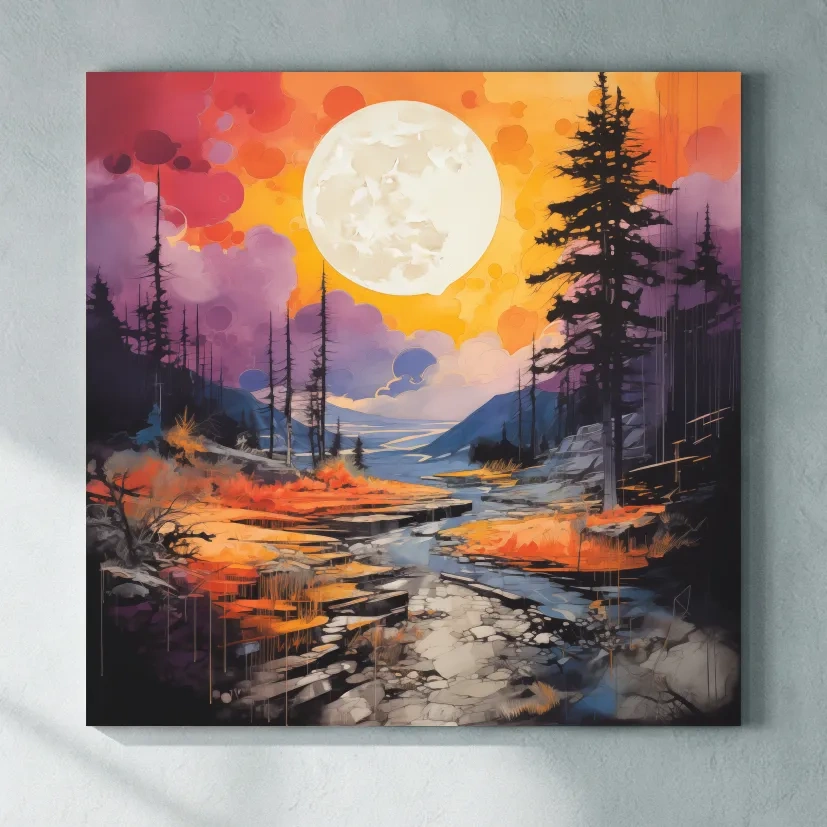 Vibrant River Valley Landscape Illustration - Abstract Sunset Forest Wall Art