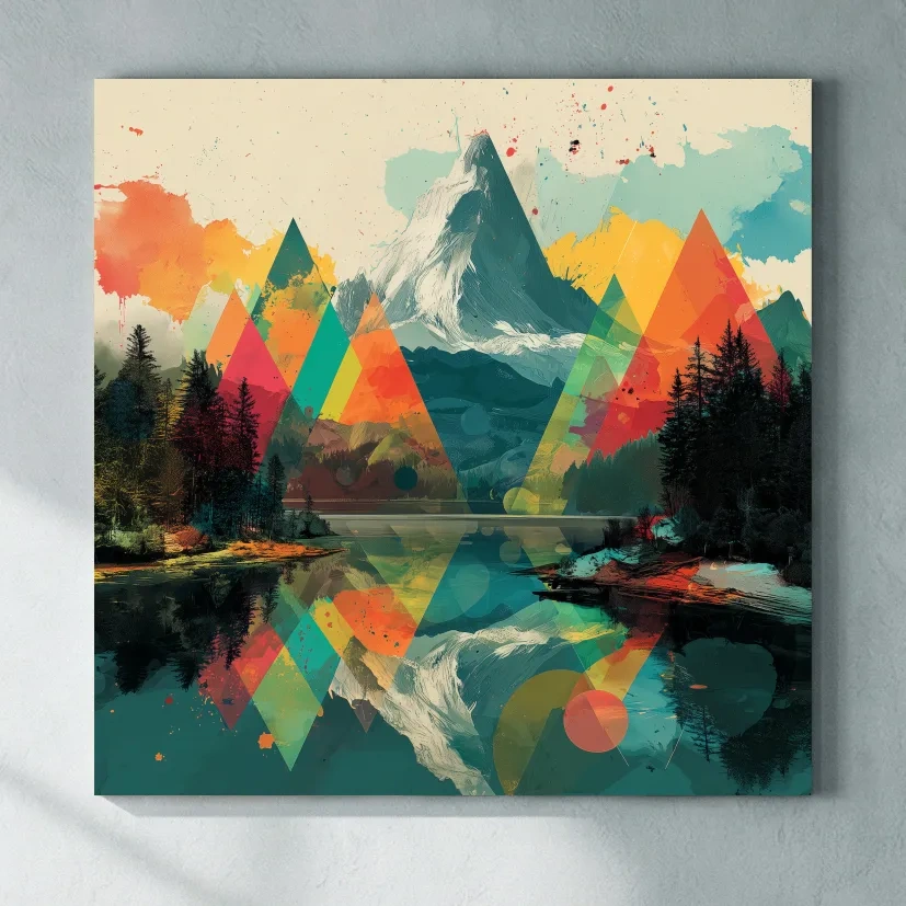 Vibrant Abstract Mountain Lake Collage Art - Colorful Alpine Wall Art