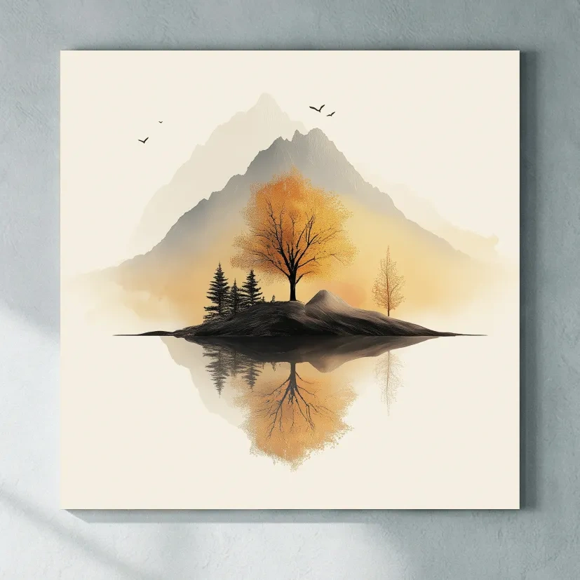 Minimalist Misty Mountain Lake Illustration - Serene Autumn Tree Landscape Wall Art