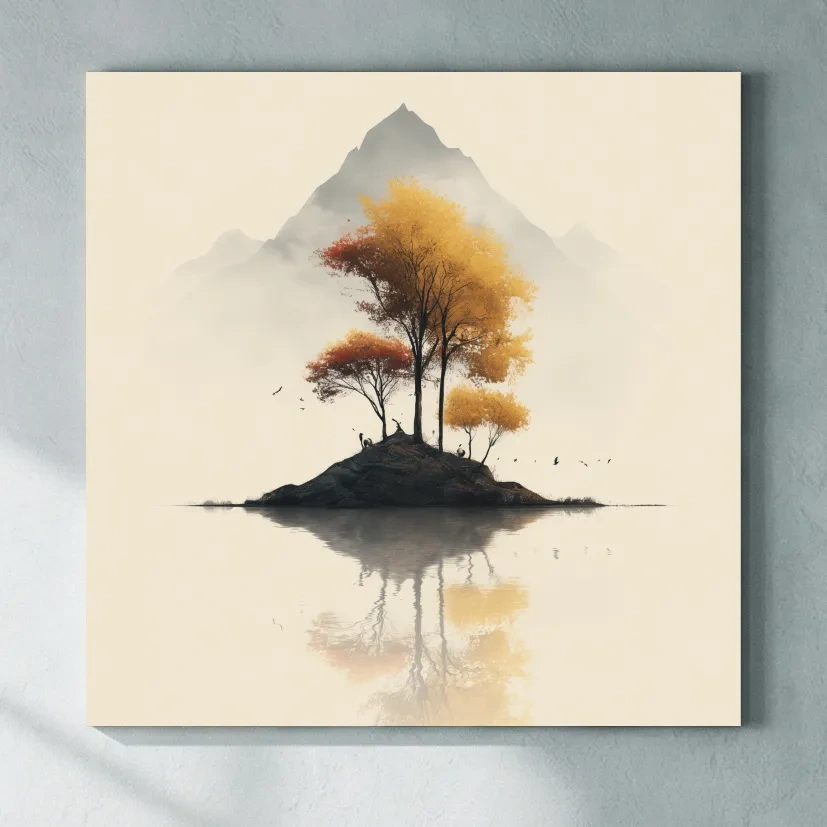 Minimalist Autumn Trees On Misty Lake Island - Serene Mountain Landscape Wall Art