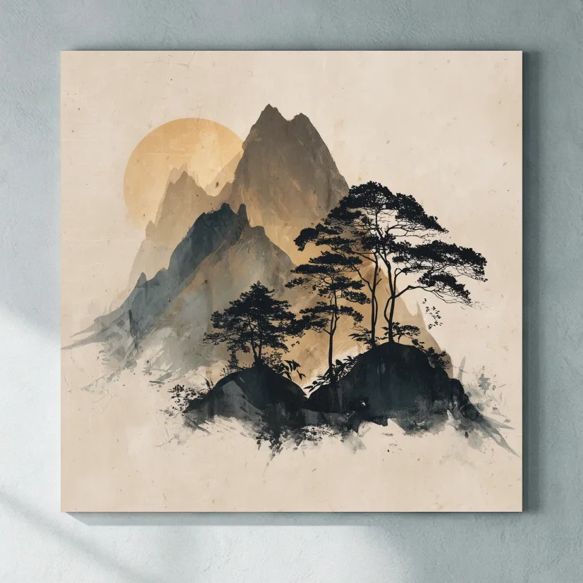Zen Ink Wash Mountain Sunrise - Minimalist Japanese Pine Landscape Wall Art