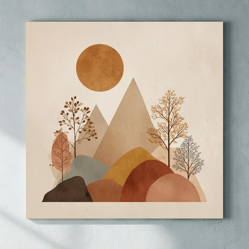 Minimalist Scandi Mountain Sunset Landscape - Boho Neutral Earth Tone Wall Art