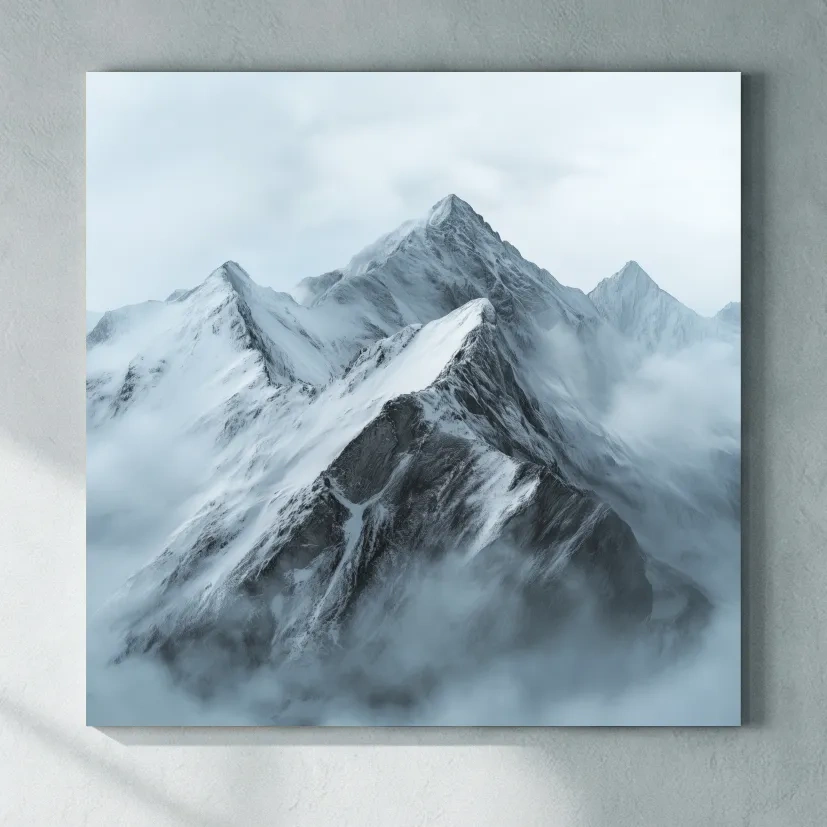 Misty Snowcapped Alpine Peak Landscape - Monochrome Photographic Mountain Wall Art