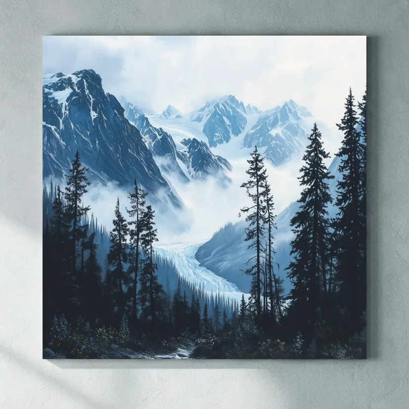 Misty Alpine Glacier Valley Landscape - Moody Mountain Forest Wall Art