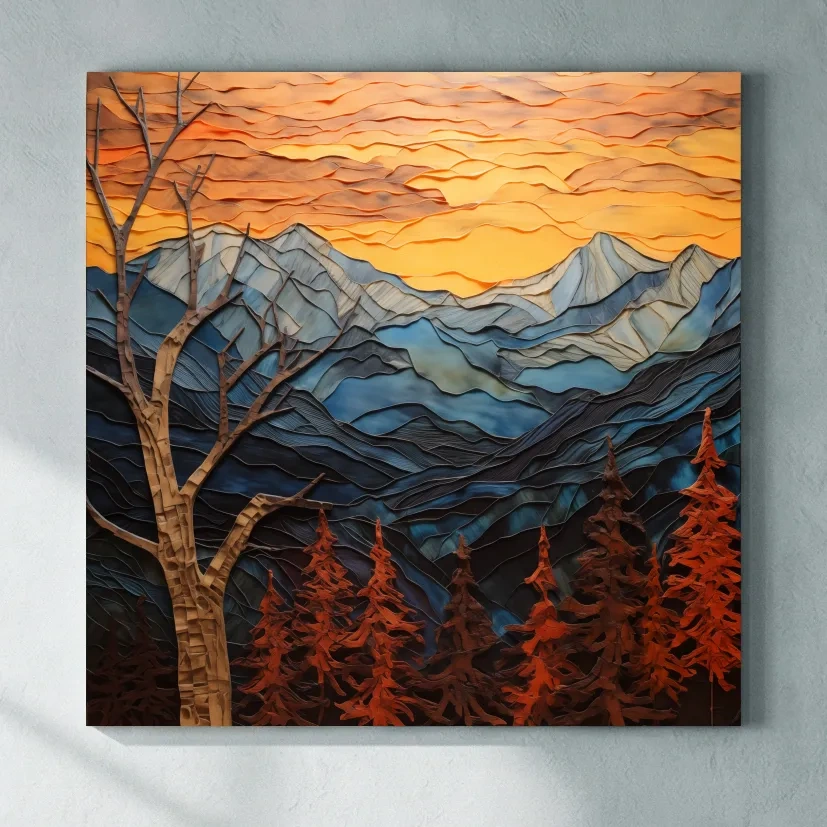 Layered Paper Cut Alpine Mountain Sunset - Mixed Media 3D Landscape Wall Art