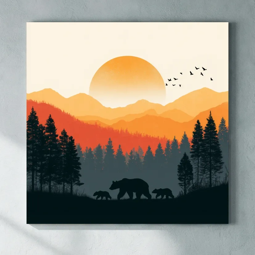 Sunset Mama Bear & Cubs Silhouette - Wildlife Forest Landscape Wall Art