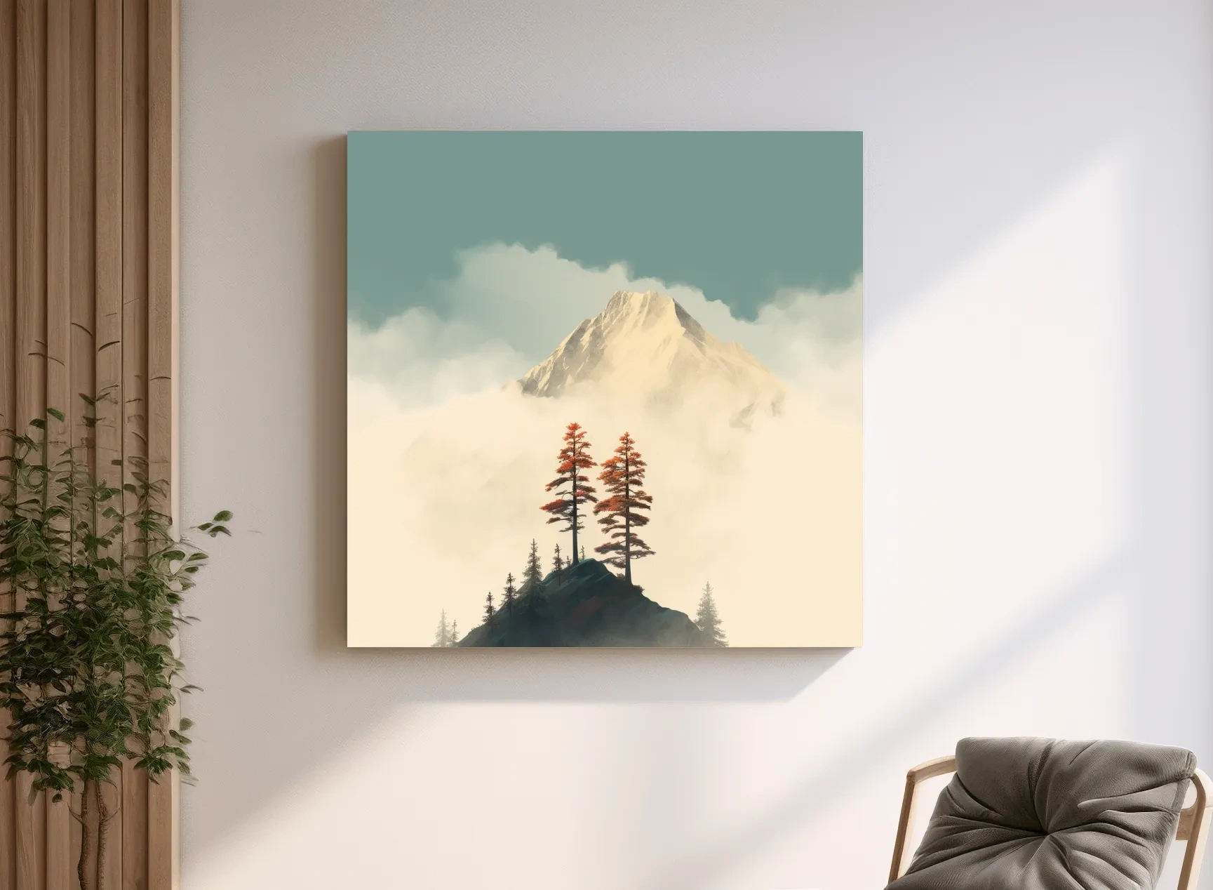 Misty Alpine Peak With Autumn Pines - Minimalist Mountain Artwork