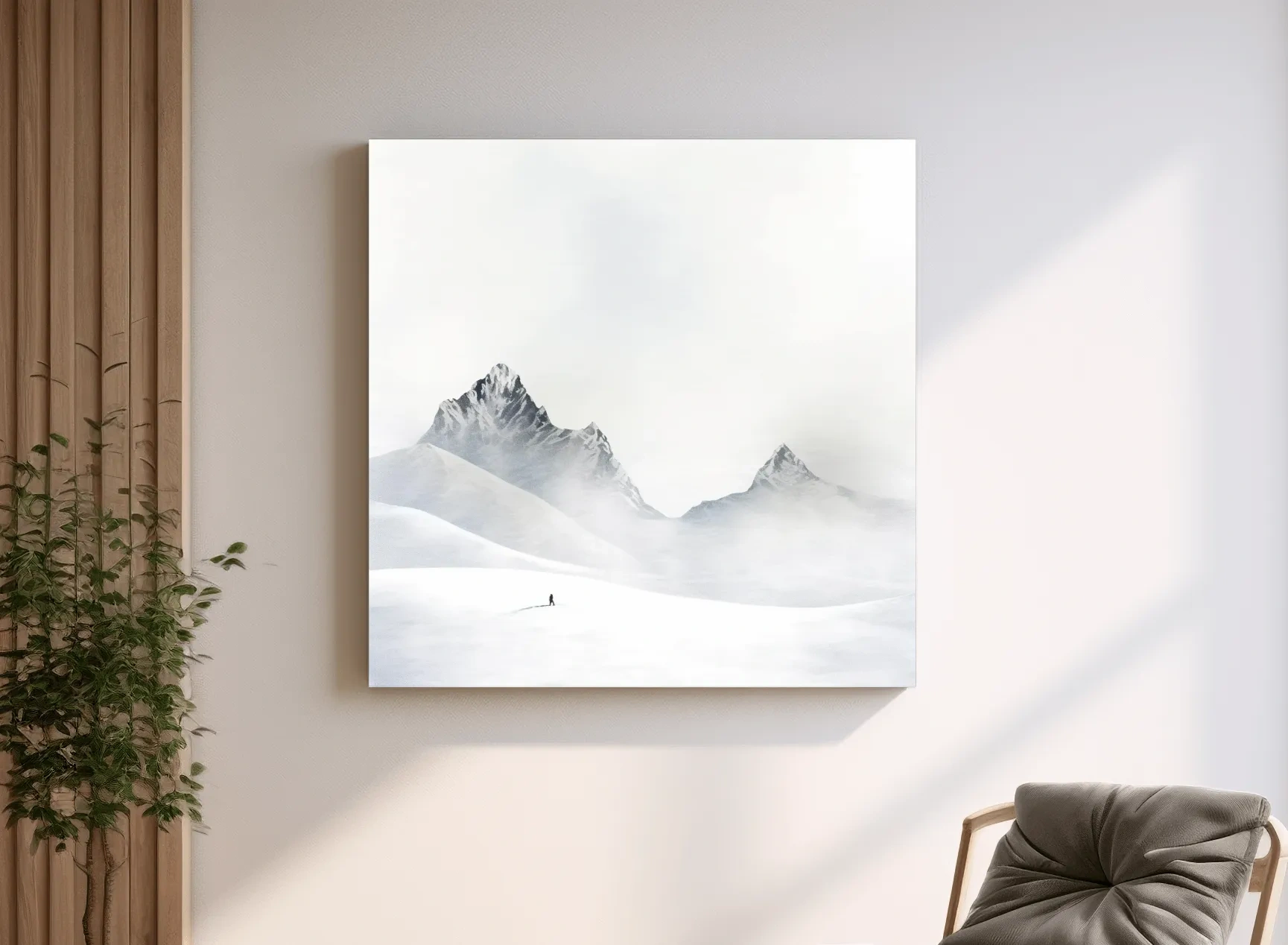 Minimalist Snowy Mountain Landscape Painting - Monochrome Winter Wilderness Wall Art