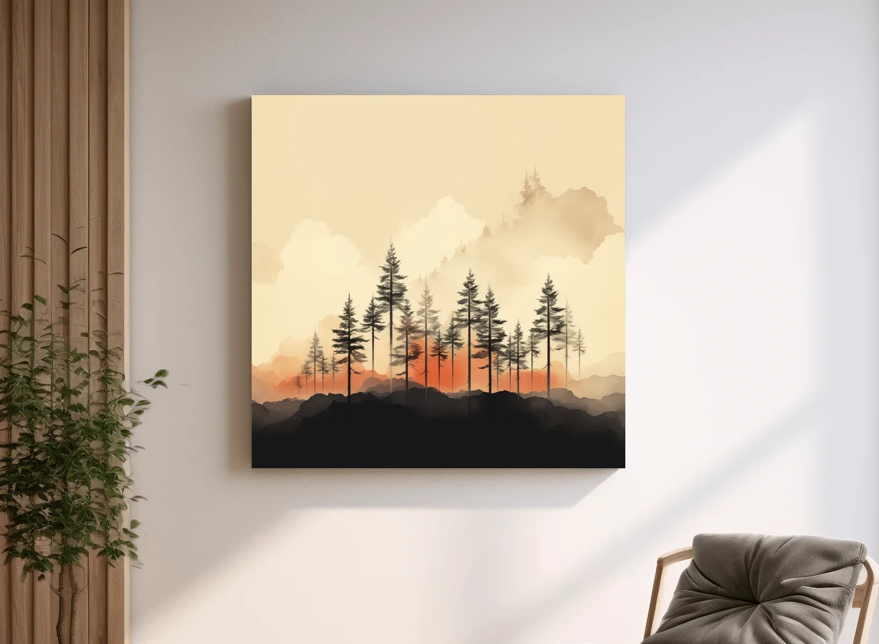Misty Pine Forest Silhouettes At Sunrise - Minimalist Watercolor Mountain Wall Art