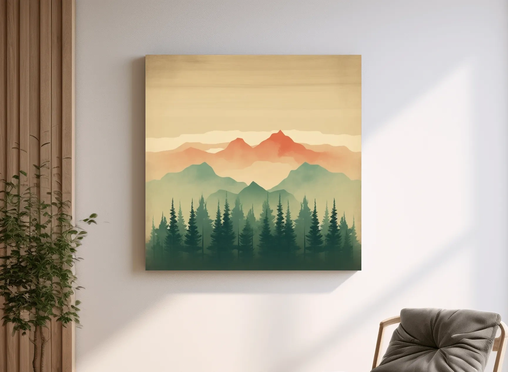 Misty Watercolor Mountain Range Sunrise - Pine Forest Landscape Artwork