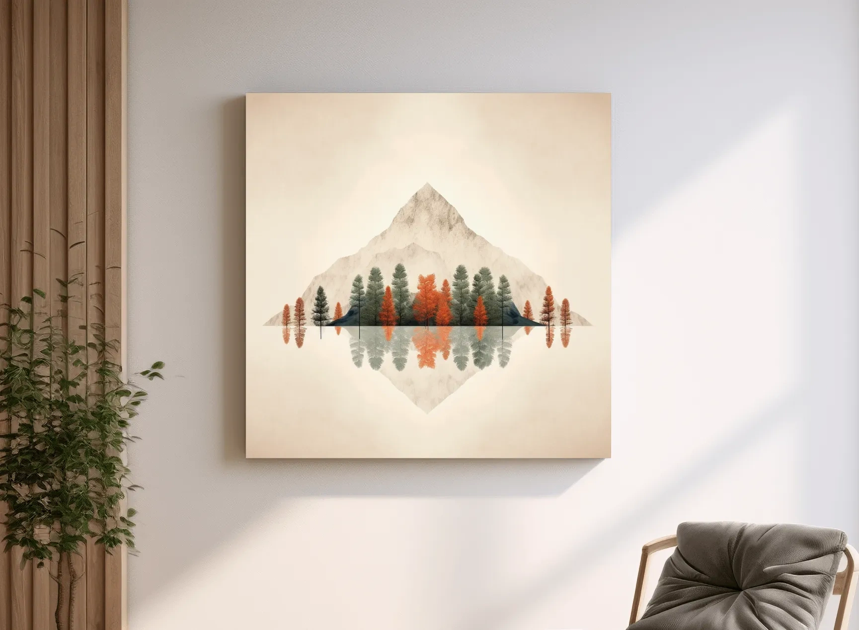 Minimalist Minimal Mountain Lake Reflection Painting - Autumn Pine Forest Artwork