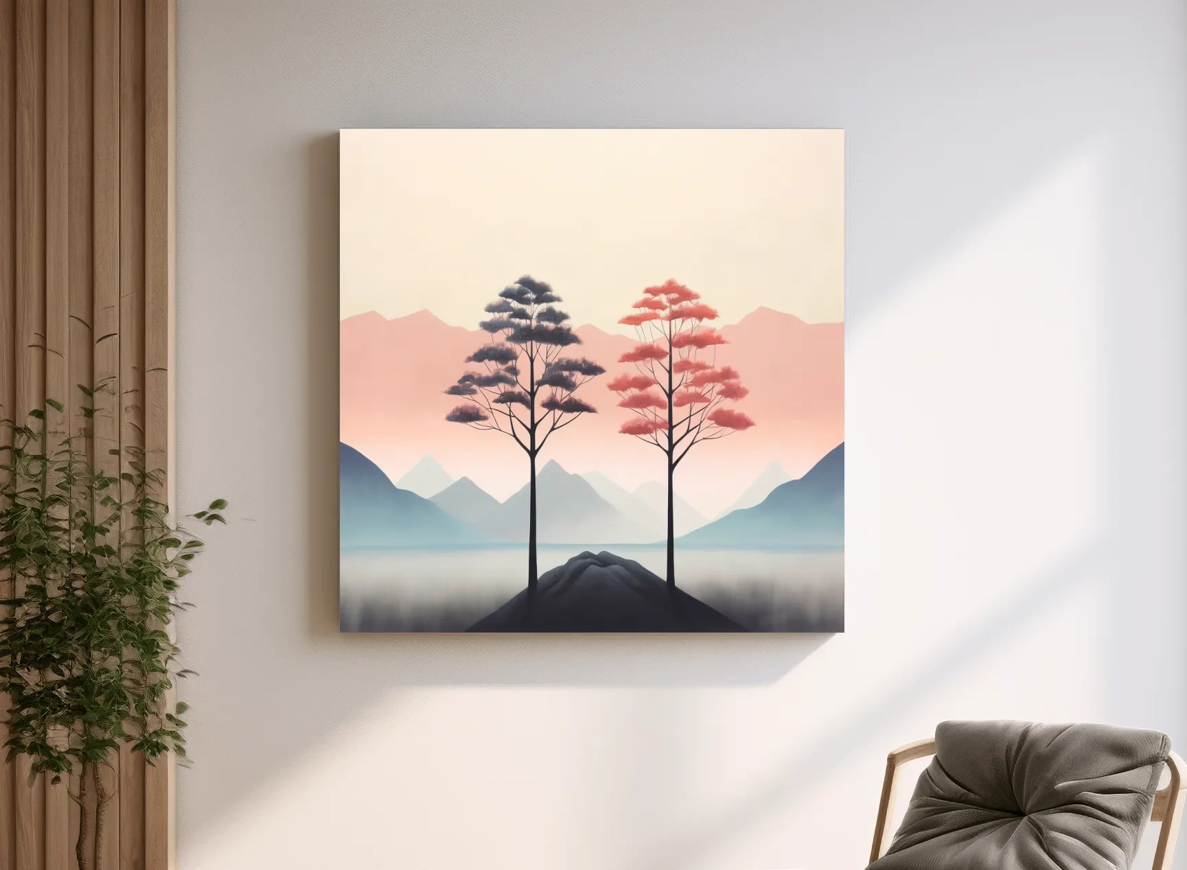 Minimalist Twin Pine Trees Landscape - Serene Pastel Mountain Lake Wall Art