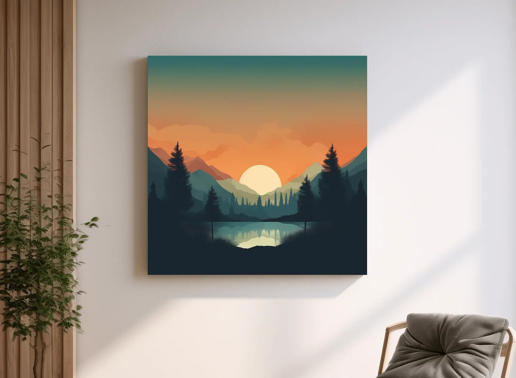 Minimalist Sunset Mountain Lake Reflection - Serene Scandinavian Artwork