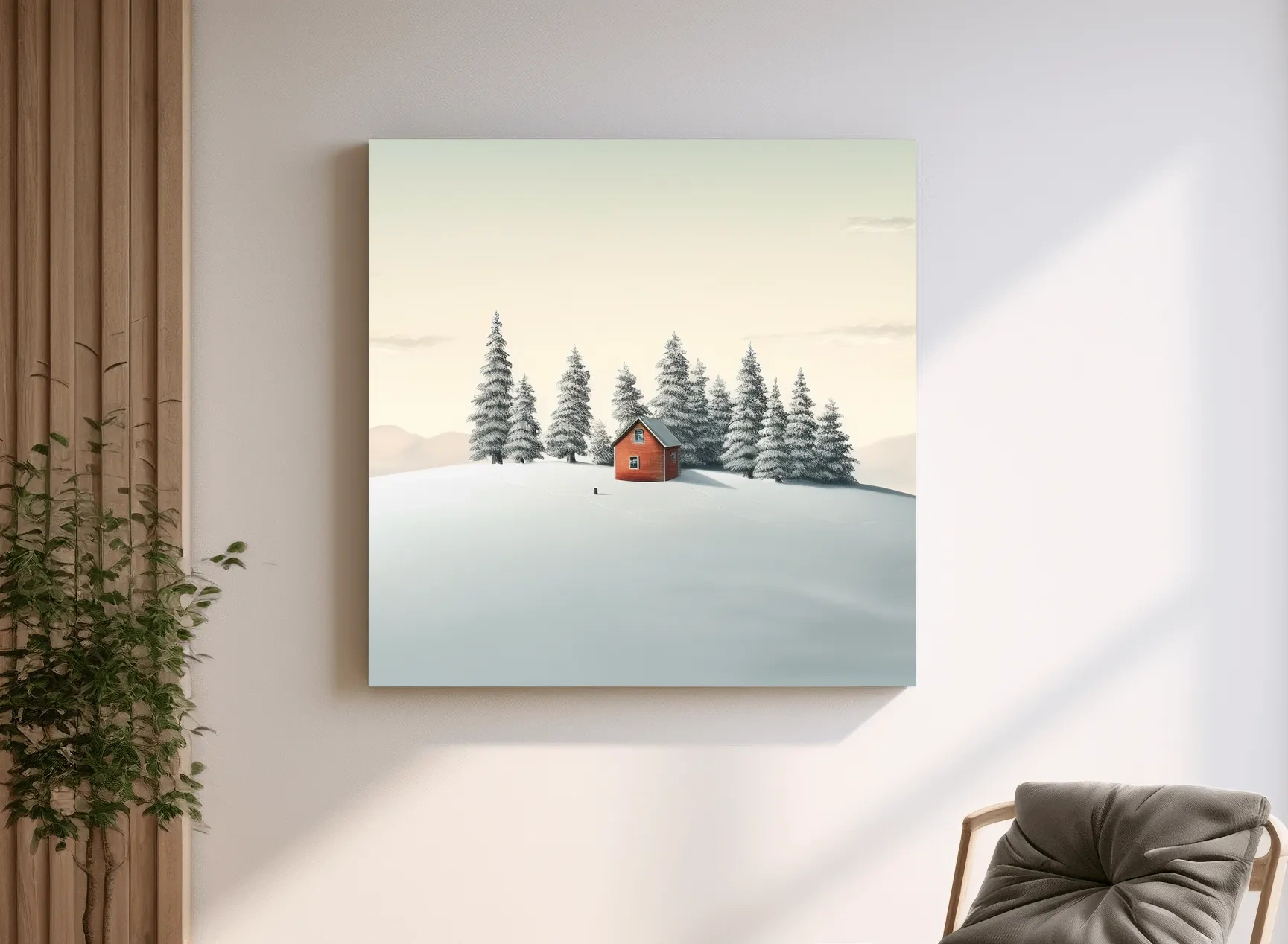 Minimalist Snowy Cabin In Pine Forest - Serene Winter Landscape Wall Art