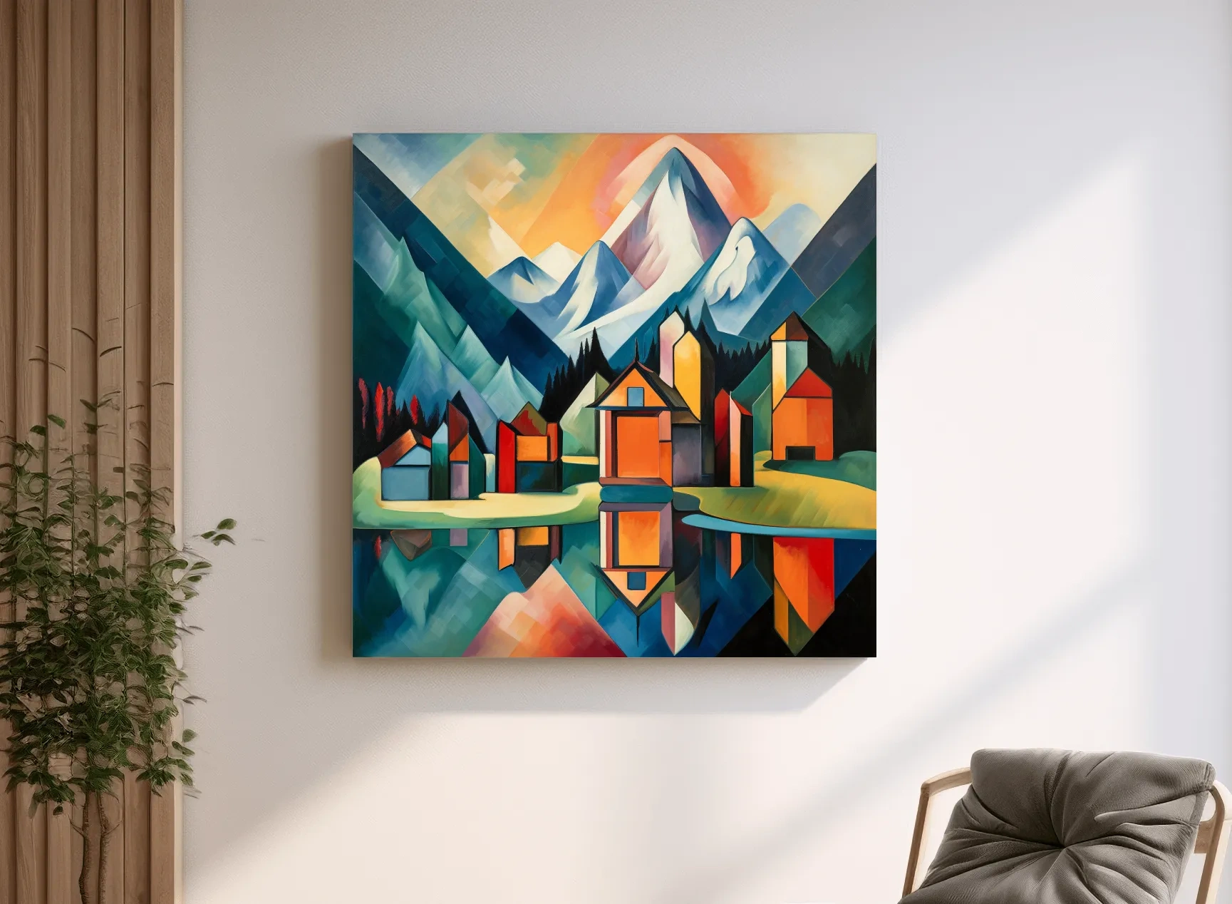 Colorful Geometric Alpine Village Lake Painting - Modern Abstract Mountain Wall Art