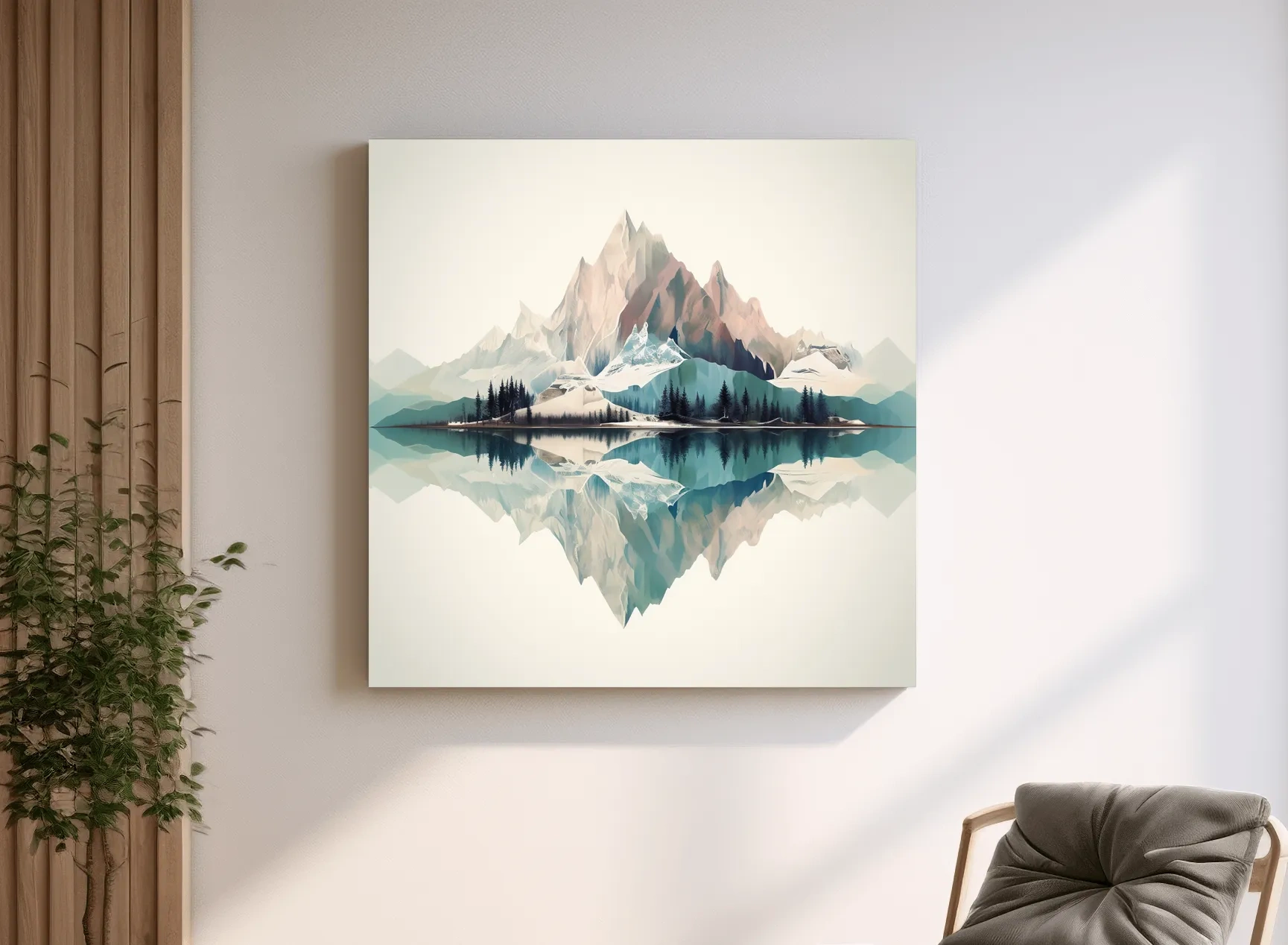 Minimalist Alpine Mountain Lake Reflection - Serene Pastel Watercolour Wall Art