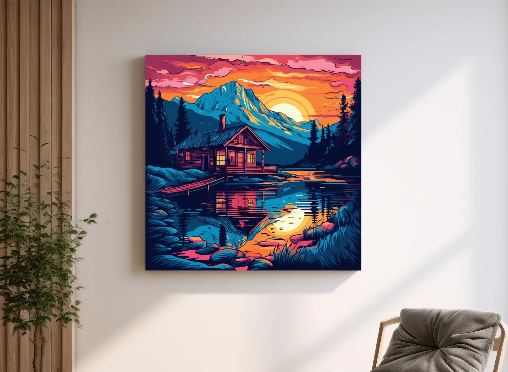 Vibrant Retro Alpine Lake Cabin Sunset - Vector Mountain Wall Art