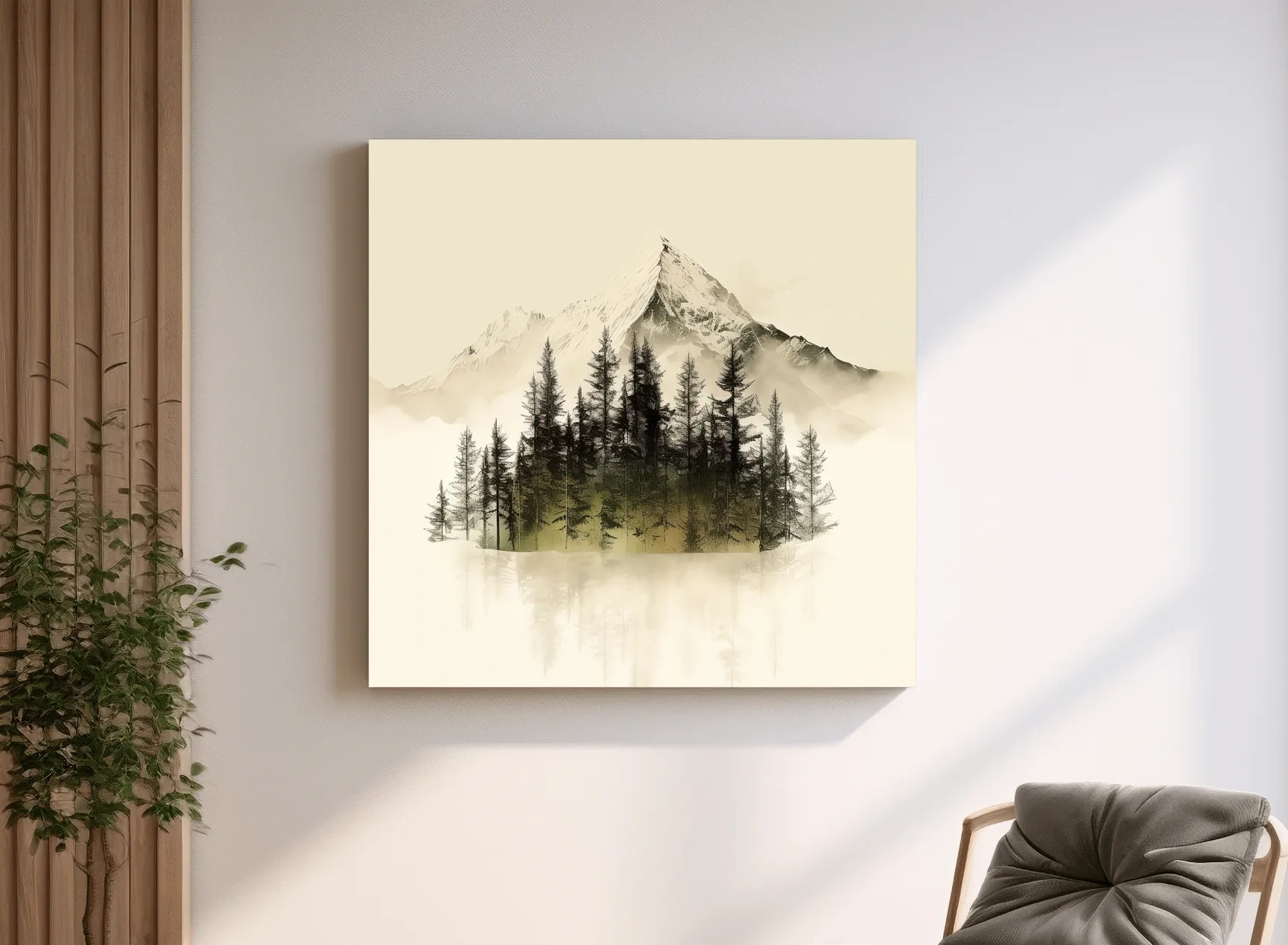 Misty Alpine Mountain Pine Forest Artwork - Minimalist Landscape Wall Art
