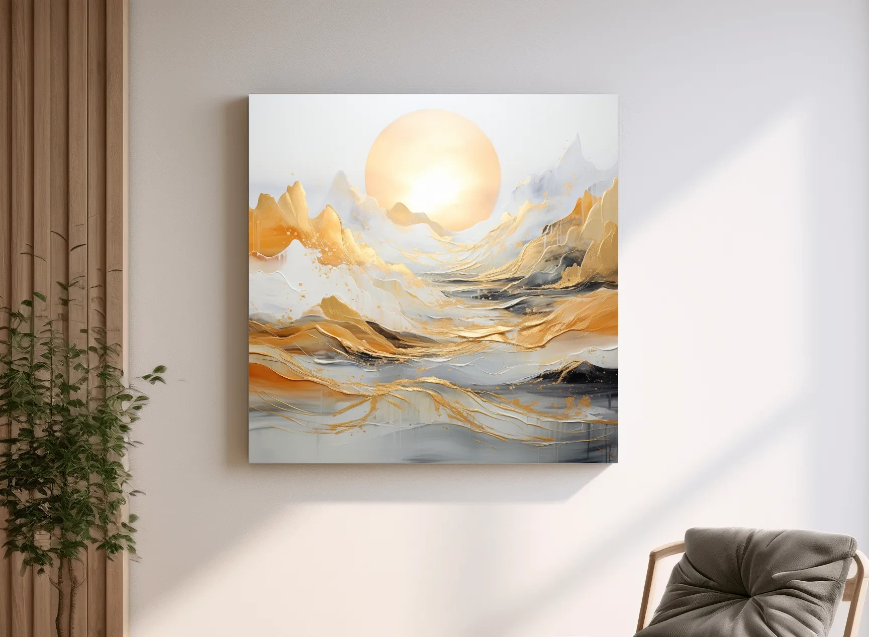 Abstract Golden Sunrise Mountain Landscape - Modern Golf Leaf Style Wall Art