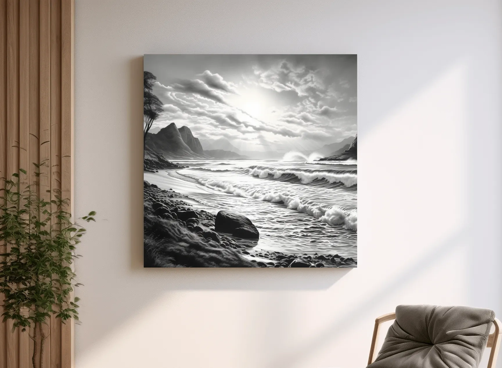 Black and white drawing of a sunny beach scene