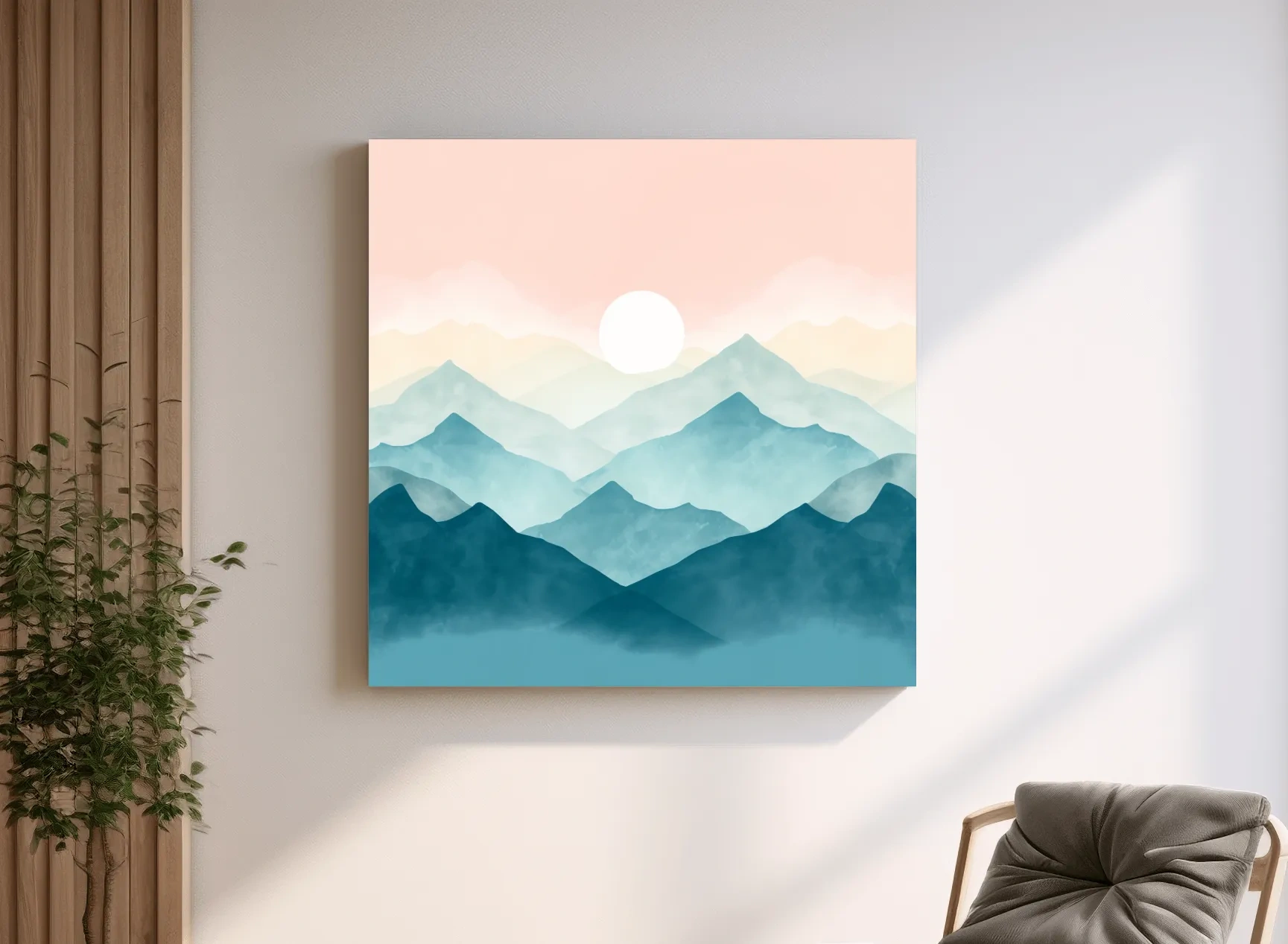 Minimalist Watercolor Misty Mountain Sunrise - Pastel Alpine Landscape Wall Art