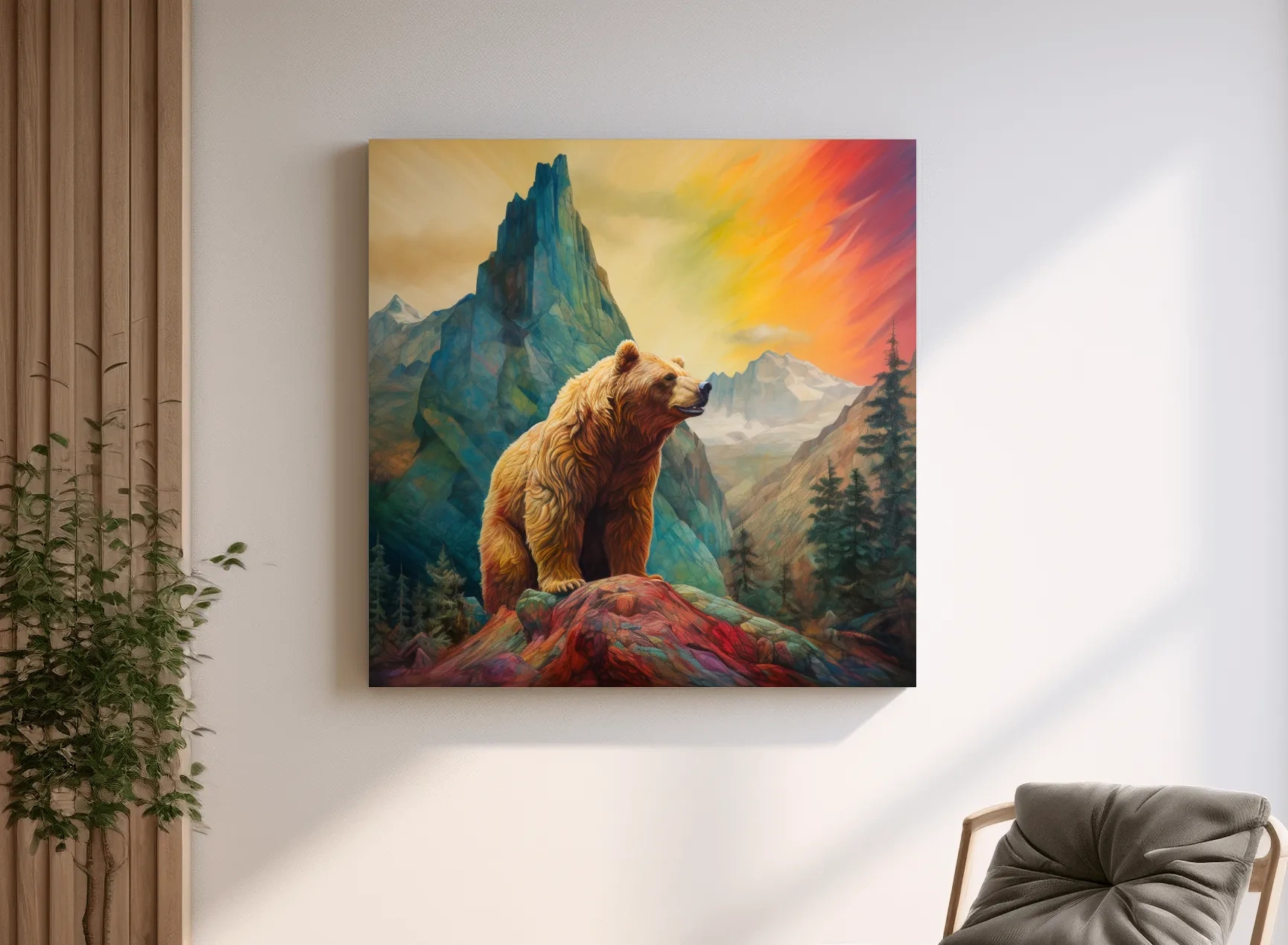 Majestic Grizzly Bear Mountain Landscape - Vibrant Painting Style Wildlife Wall Art