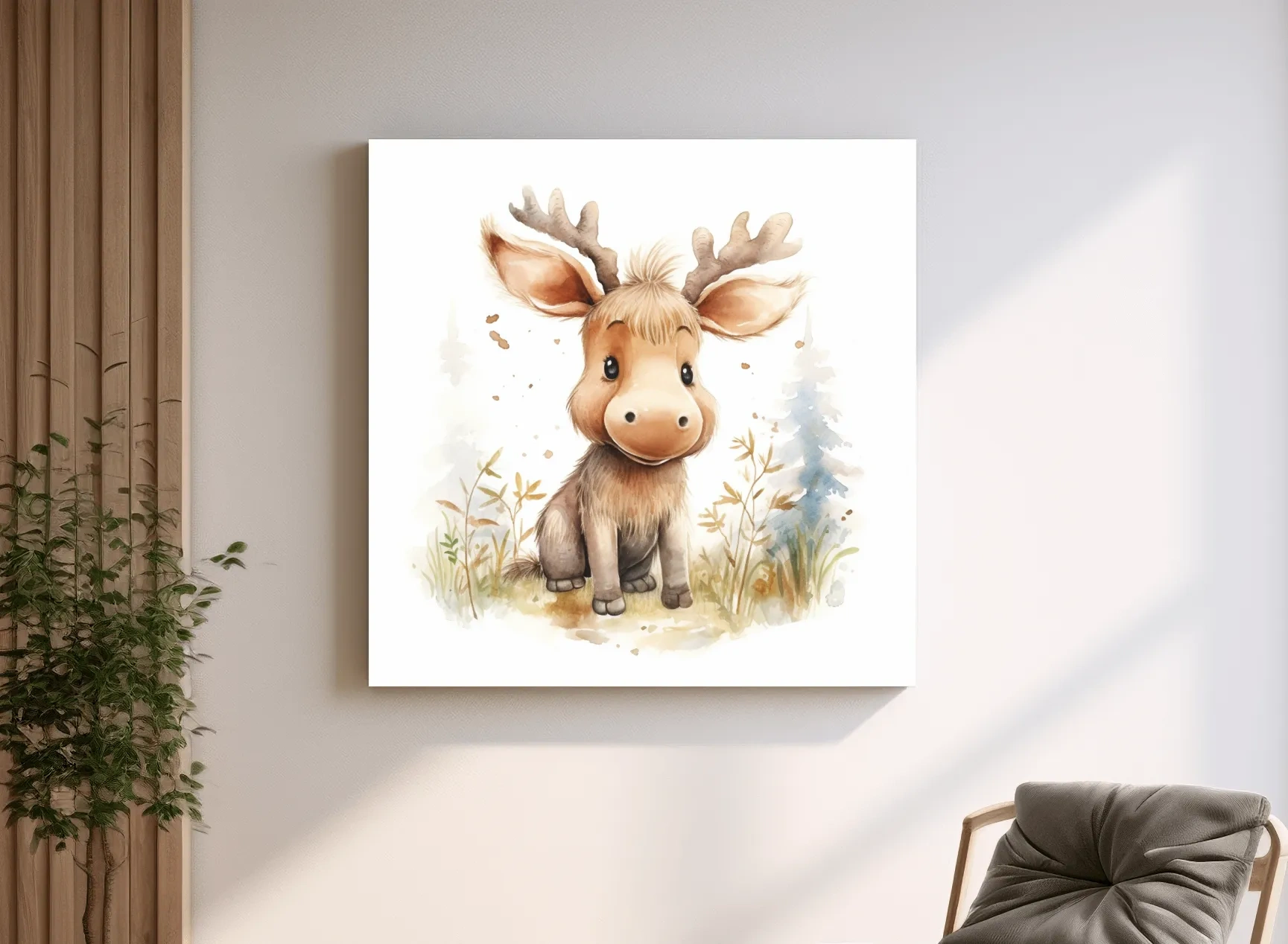 Cute Baby Moose Watercolor Illustration - Woodland Nursery Animal Wall Art