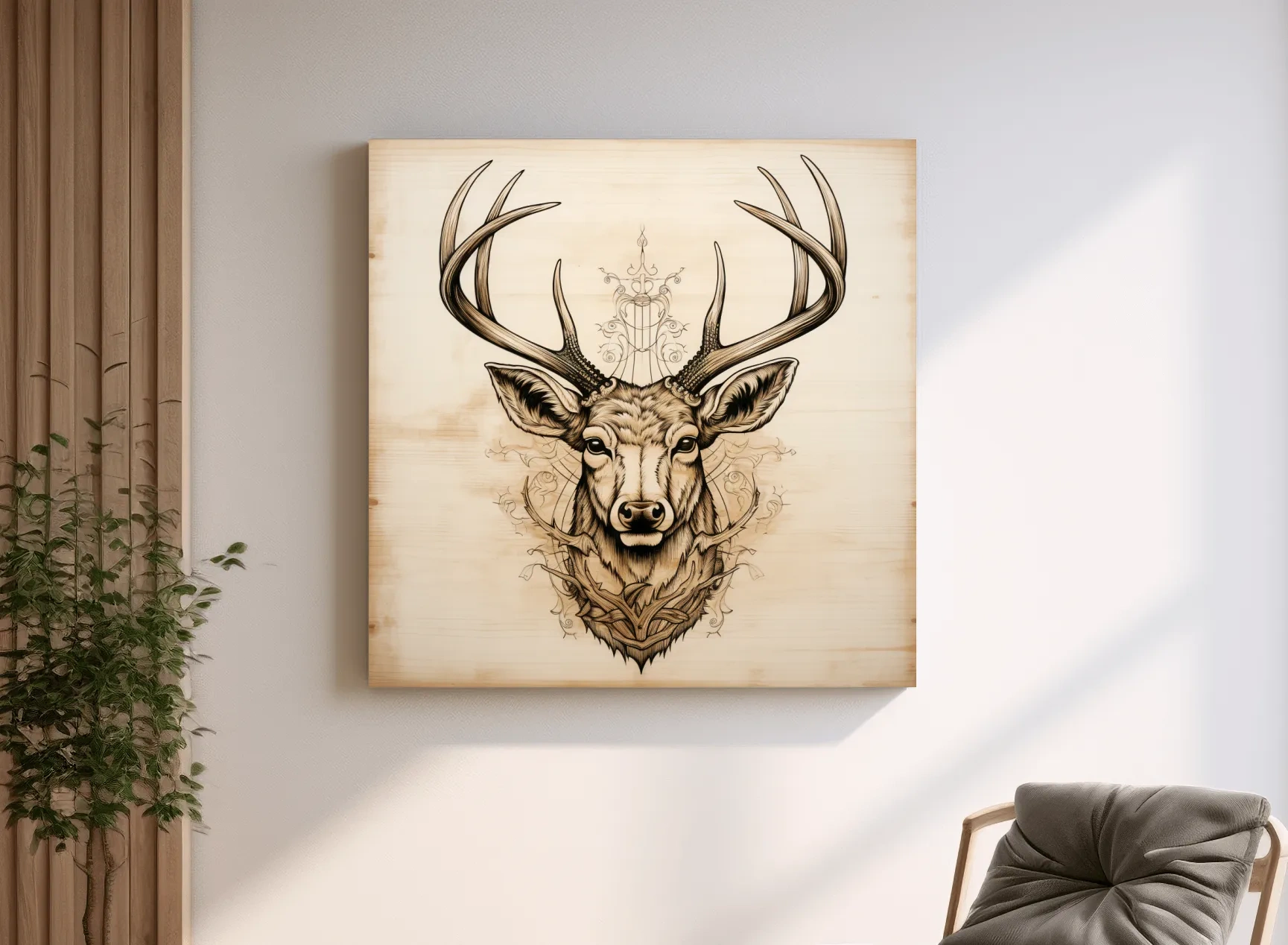 Ornate Deer Head on Wood Sketch Illustration - Rustic Wildlife Wall Art