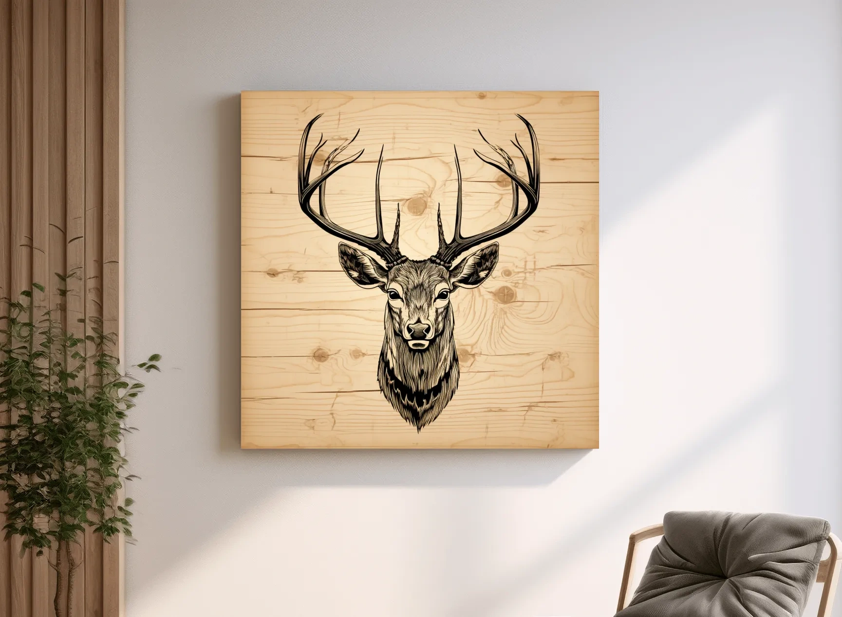 Rustic Engraved Wood Deer Head Illustration - Lodge Wildlife Wall Art
