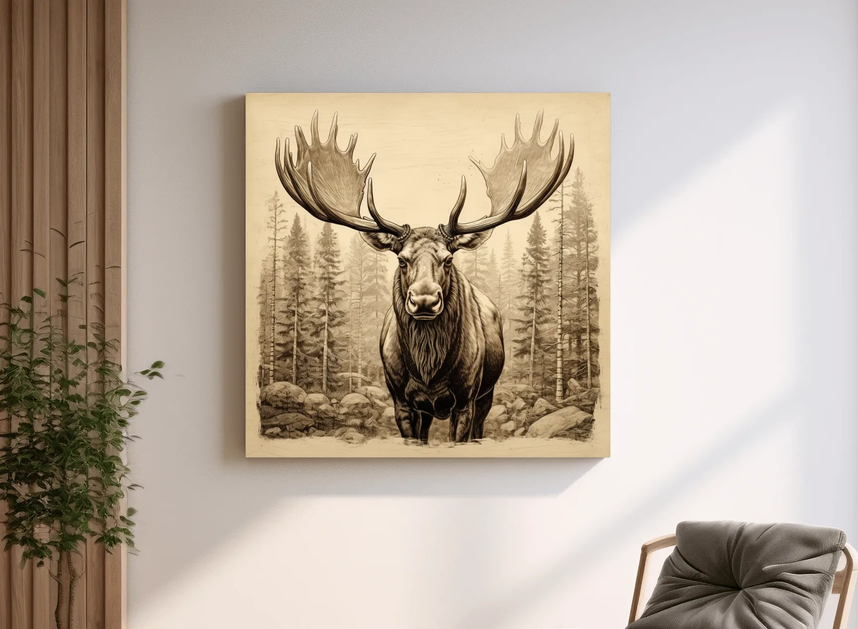 Majestic Moose Portrait Sketch - Vintage Sepia Wildlife Wall Art