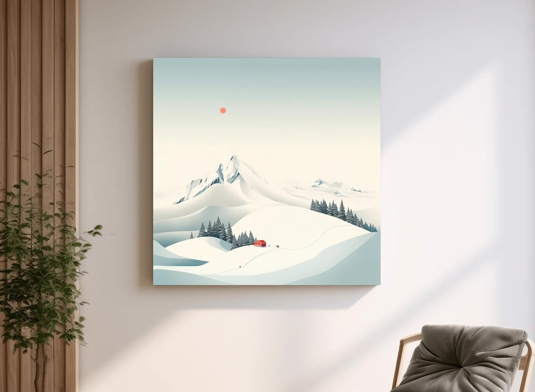 Minimalist Snowy Mountain Cabin Landscape - Winter Wall Art