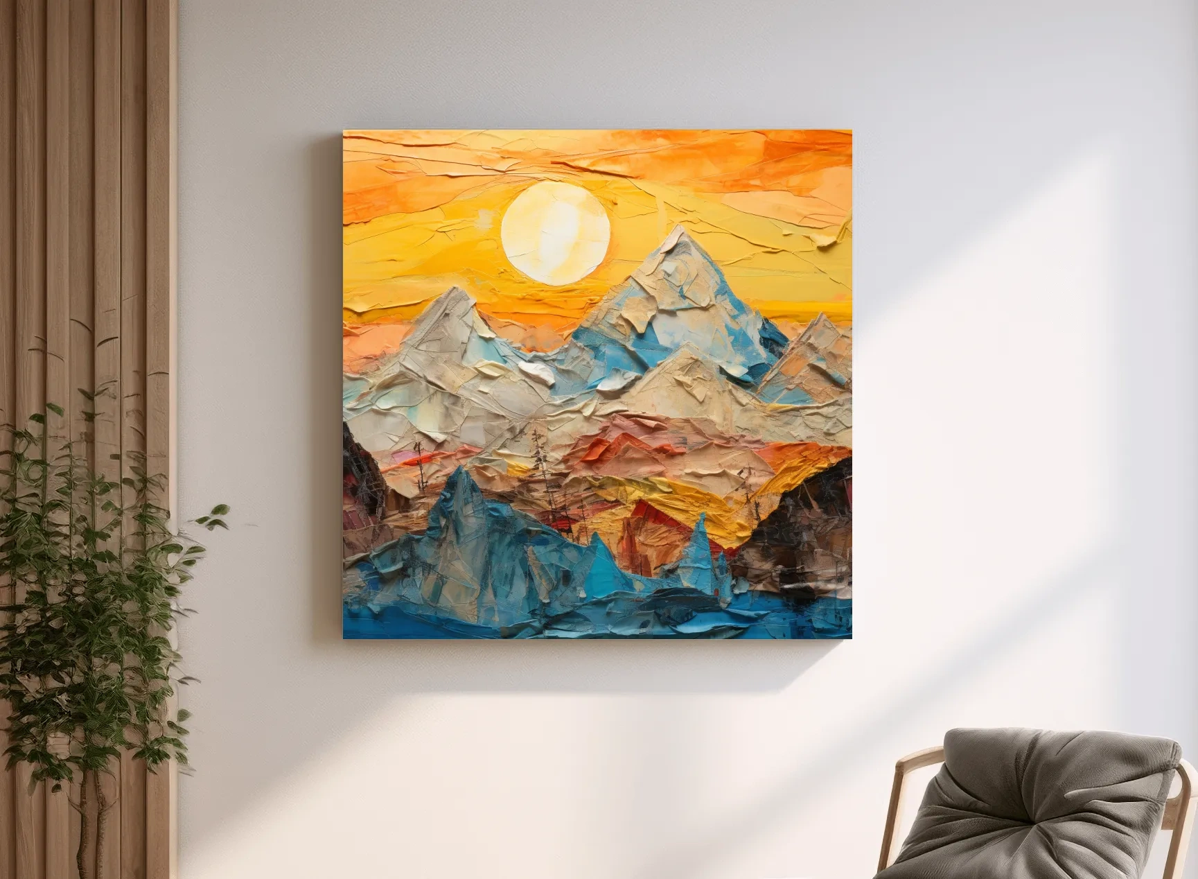 Collage Mountain Sunrise Painting - Warm Abstract Landscape Wall Art