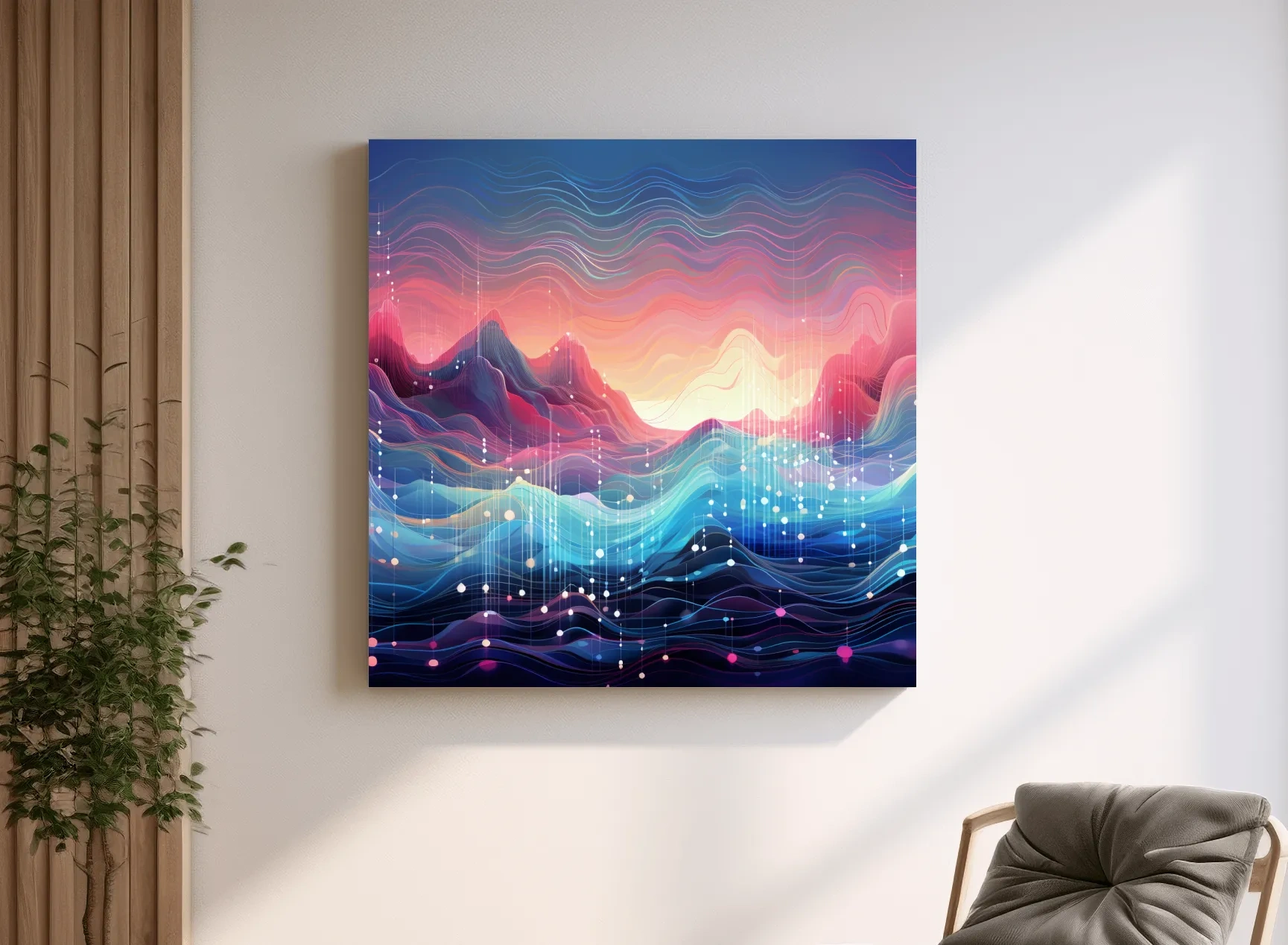 Funky Abstract Soundwave Mountain Patterns - Neon Sunset Landscape Wall Art